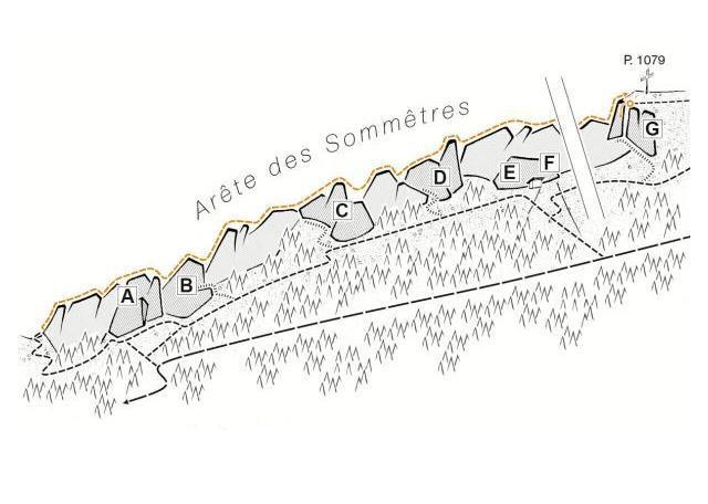 Zeichnung der Kletterwand mit Beschriftung A-G - Ferien im Jura