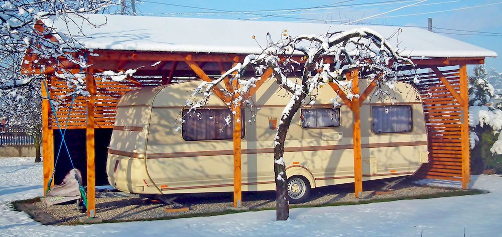 Campingvogn under tag i vinterklima